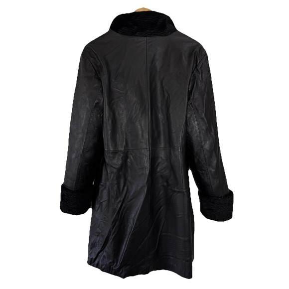 VTG Dennis Basso Women's L Black Leather Jacket Coat Faux Fur Mandarin Collar - Picture 3 of 9